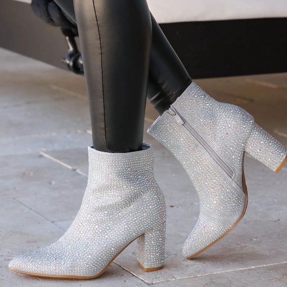 NEW🔥 Bling Silver Rhinestone Crystal Block Heel Ankle Booties Boots Pointed Toe - Picture 7 of 10
